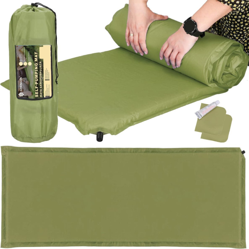 Springos Savaime prisipučiantis turistinis kilimėlis Springos PM046, 180 cm, su dėklu, žalias