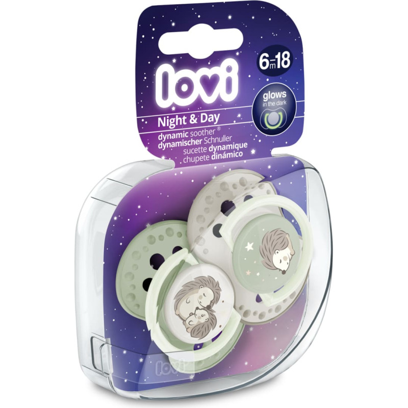 Lovi 22/930 Smoczek silikonowy dynamiczny 6-18m 2 szt Night&Day Hedgehod