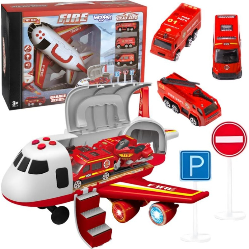 Woopie Samolot Rozkładany Transporter Straż Pożarna z 3 Autami Strażackimi Zestaw XL Znaki Drogowe