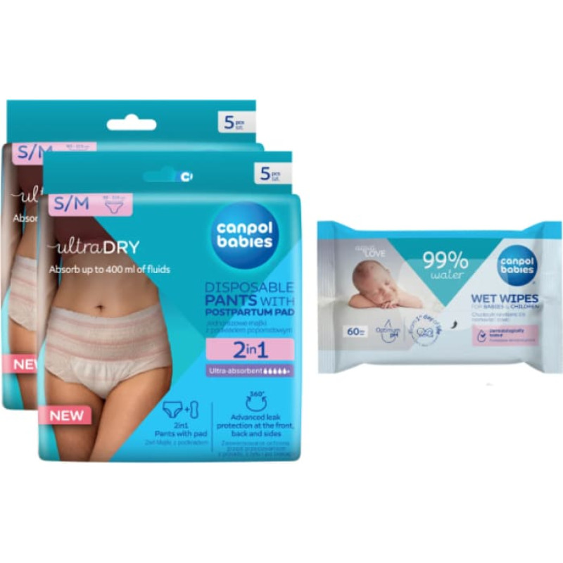 Canpol 0466 Majtki poporodowe 2w1 S/M+chusteczki nawilżane 60szt gratis