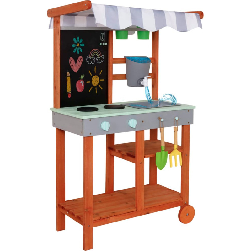 Medinė lauko purvo virtuvėlė su ratukais, priedais ir čiaupu, Lulilo "Sableto", 116 cm