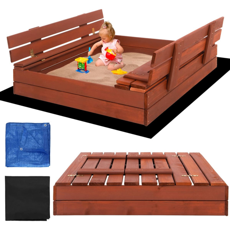 Springos Uždara smėlio dėžė su suolais Springos SBP100SET04 100×100 cm impregnuotos medienos, su geotekstile ir plėve, ruda