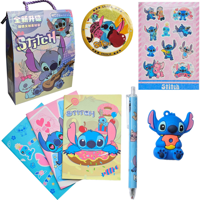 ZESTAW STITCH PRZYPINKA NAKLEJKI NOTESY