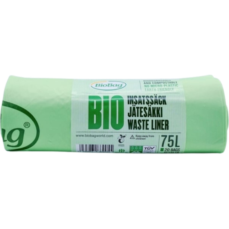 Biobag Atkritumu maisi kompostējami BioBag 75L (20 gab. rullī) 23mkr. 65x90cm zaļi