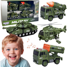 Woopie Zestaw Pojazdów Wojskowych z Wyrzutnią Czołg Helikopter 4SZT Skala 1:20