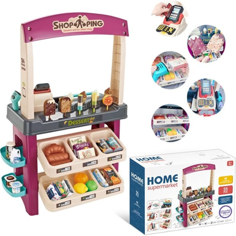 Woopie – prekybos centro žaidimų rinkinys su ledais ir saldumynais, šviesa, garsas + 55 priedai