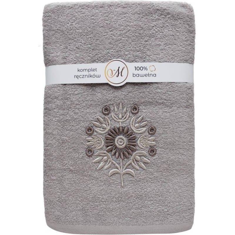 RĘCZNIK KPL.MARIBELLA 3 SZT./30X50/50X100/70X140/ FROTTE HAFT 002 SŁONECZNIK JASNY SZARY