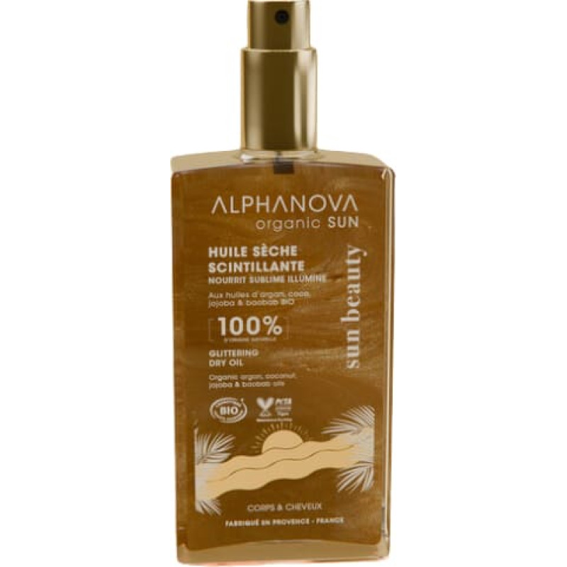 Alphanova Sun Shimmering Organic Dry Oil for Body and Hair with Argan, Jojoba and Baobab Oils, 100 ml