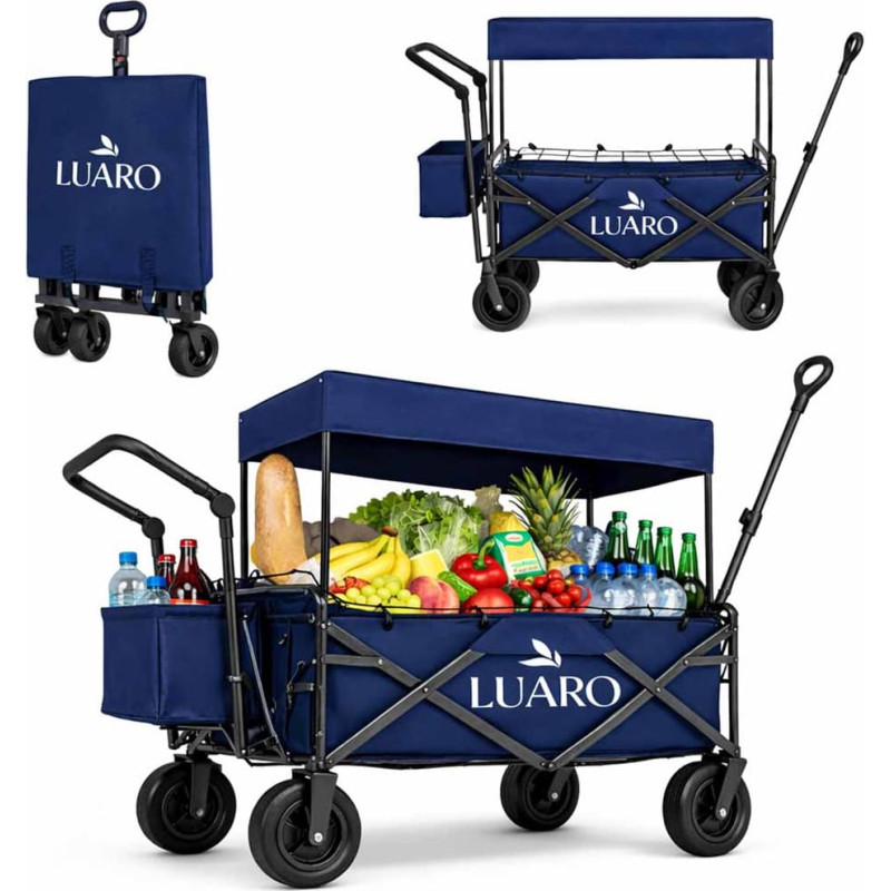 LUARO sulankstomas paplūdimio vežimėlis su stogeliu ir tinkleliu, tamsiai mėlynas