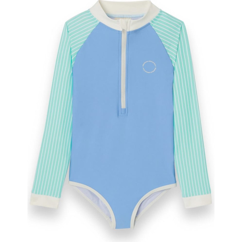 Kietla ICONIC swimsuit with UPF 50+ sun protection fabric and UV sensor, for ages 6-8, purple stripes