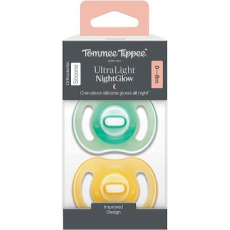 Tommee Tippee silikona māneklī&scaron;i NIGHT GLOW ULTRALIGHT, 0-6 m., 2 gab., 433804