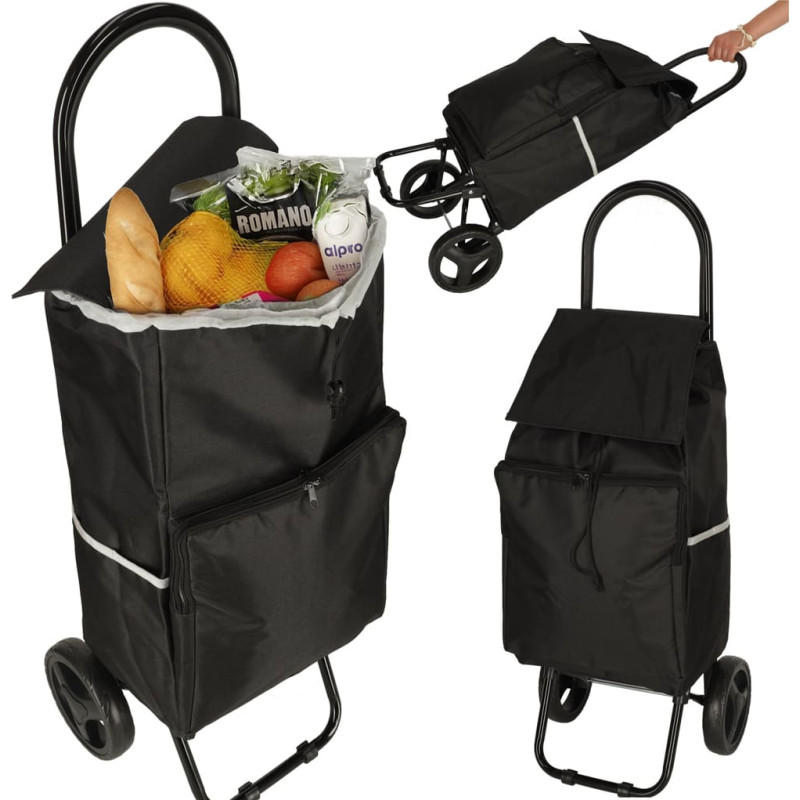 Pirkinių krepšys su rėmu ir ratukais, juodas, 95 cm