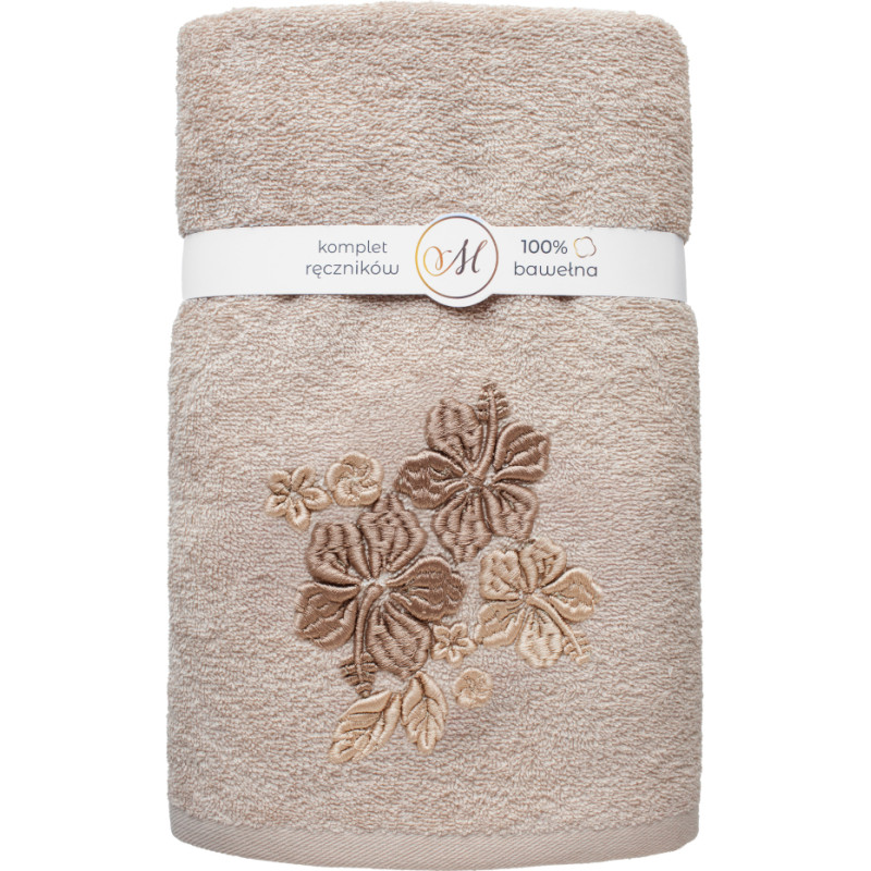 RĘCZNIK KPL.MARIBELLA 3 SZT./30X50/50X100/70X140/ FROTTE HAFT 004 HIBISKUS KAWA Z MLEKIEM