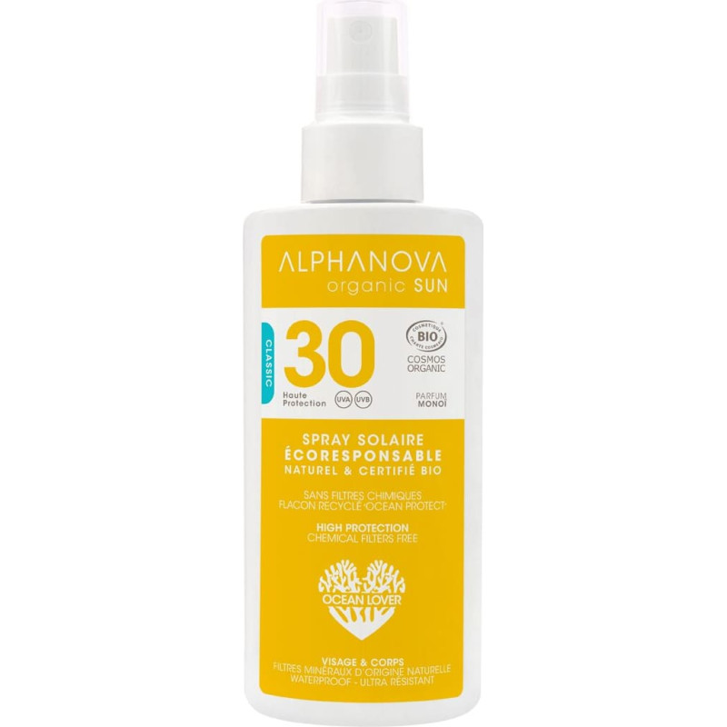 Alphanova Sun SPF30 organisks ūdensnoturīgs izsmidzināms saules aizsargkrēms ar minerālajiem filtriem un Mono&iuml; aromātu, 125 ml