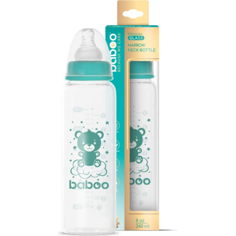 Baboo Anti-colic borosilicate glass baby bottle with narrow neck and medical-grade silicone nipple, 3+ months, 240 ml