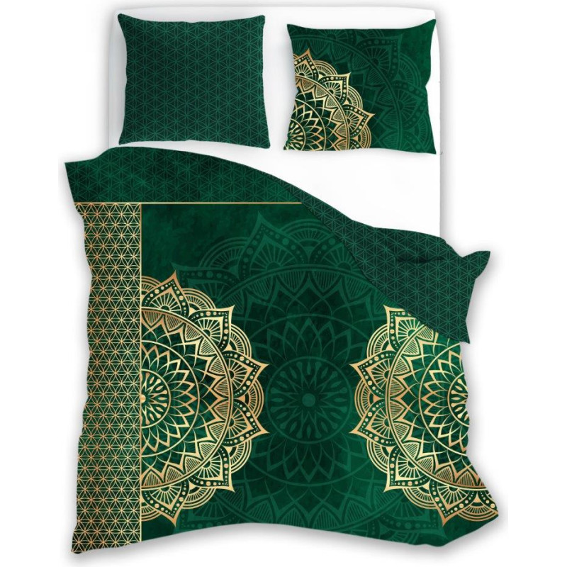 BEDDING SET 140X200+70X90 PURE SATEEN MANDALA 002 GREEN SATIN COTTON.