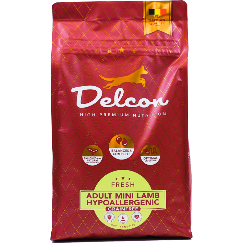 Delcon Visavertis begrūdis pa&scaron;aras suaugusiems mažų veislių &scaron;unims MINI HYPOALLERGENIC su ėriena / 3 kg