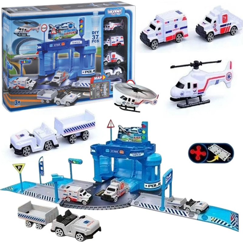 Woopie stovėjimo aikštelės rinkinys su automobiliais ir sraigtasparnio nusileidimo aikštele, 37 detalės