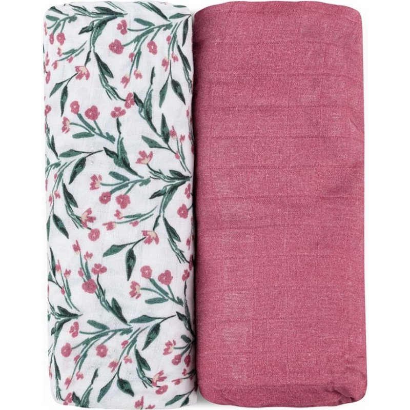 Petite&Mars 417364 Zestaw otulaczy z muślinu bambusowego 2 szt. Misty Pink Meadow 120x120