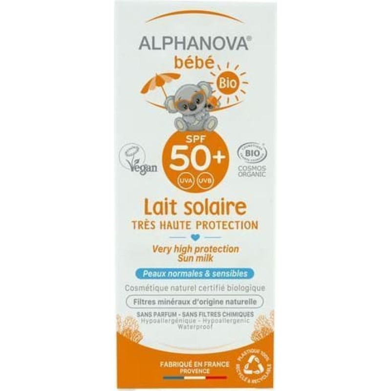 Alphanova Sun SPF50 Natural, Fragrance-Free and Water-Resistant Sunscreen for Babies 0+ Months, 50 ml
