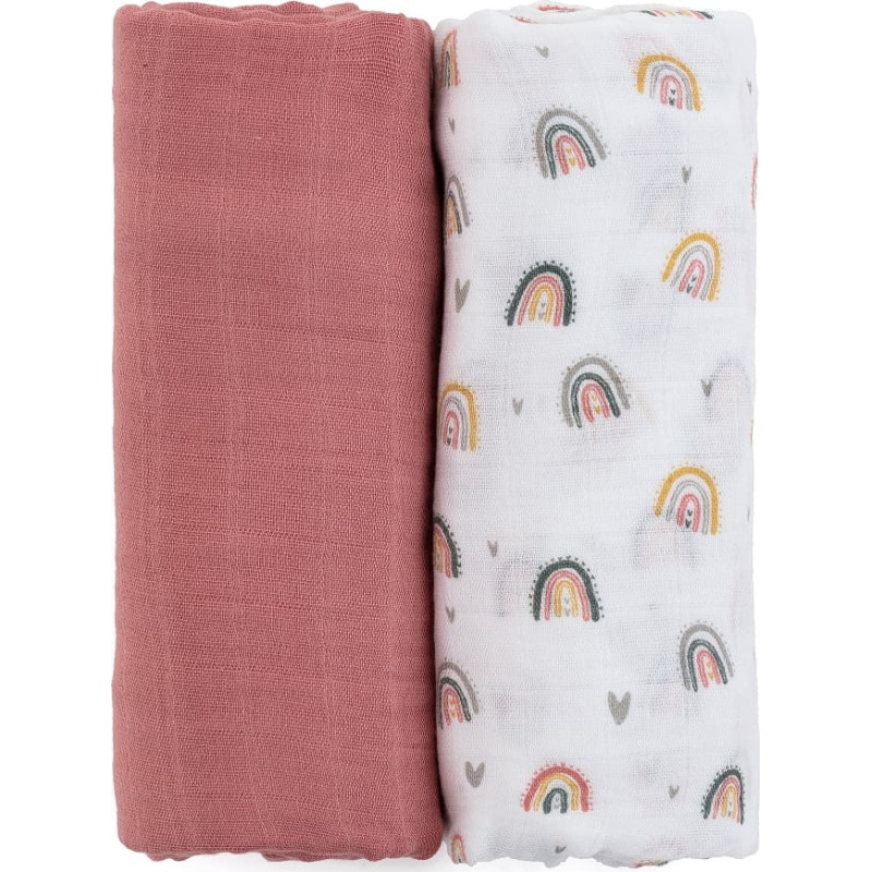 Petite&Mars 417362 Zestaw otulaczy z muślinu bambusowego 2 szt Misty Rose Rainbows 120x120 cm