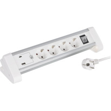 Galda pagarinātājs ar zemējumu, 3 x 1,5 mm, 1,5 m, USB A/C, 4 kontaktligzdas, balts/pelēks