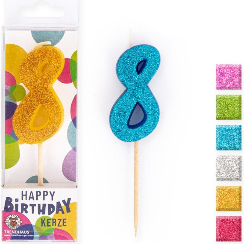 Trendhaus Birthday Fun - Skaičių žvakėsu blizgučiais - 8 (skirtingos spalvos) (8.8 cm)