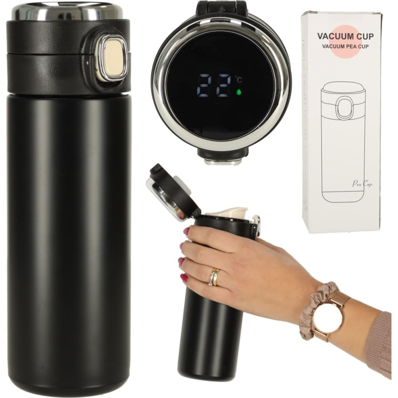 Termiskā krūze ar iemuti LED termoss 420ml melna