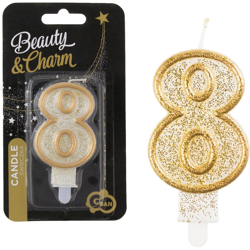 Žvakutė skaičius “8” su auksiniu kontūru