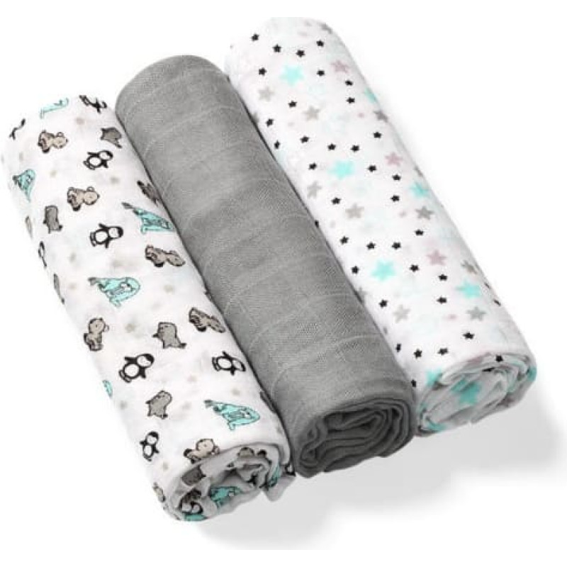 Babyono Art. 397/02 marlinių vystyklių rinkinys, 3 vnt., su piešiniais, 70 × 70 cm