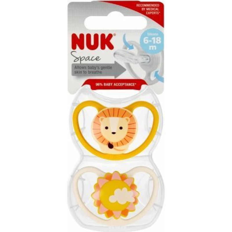 NUK 7421 čiulptukas SPACE LION 6-18 2PCS/BOX 541377, 736932