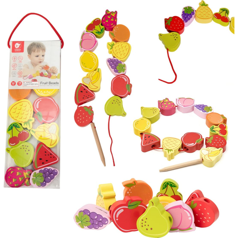 Classic World Drewniane Klocki do Nawlekania Owoce 13 el.