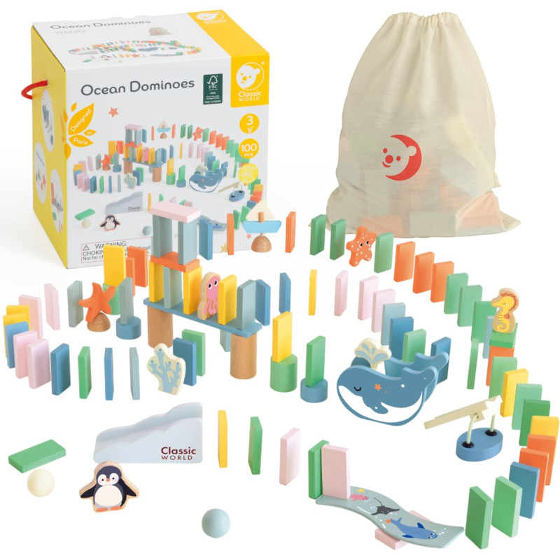 Classic World Drewniane Domino Tor Logiczny Przeszkód Układanka Montessori 100 el.