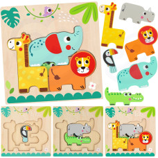 Tooky Toy Drewniane Puzzle Montessori Wielowarstwowe Tablica Zwierzątka Leśne 7 el.