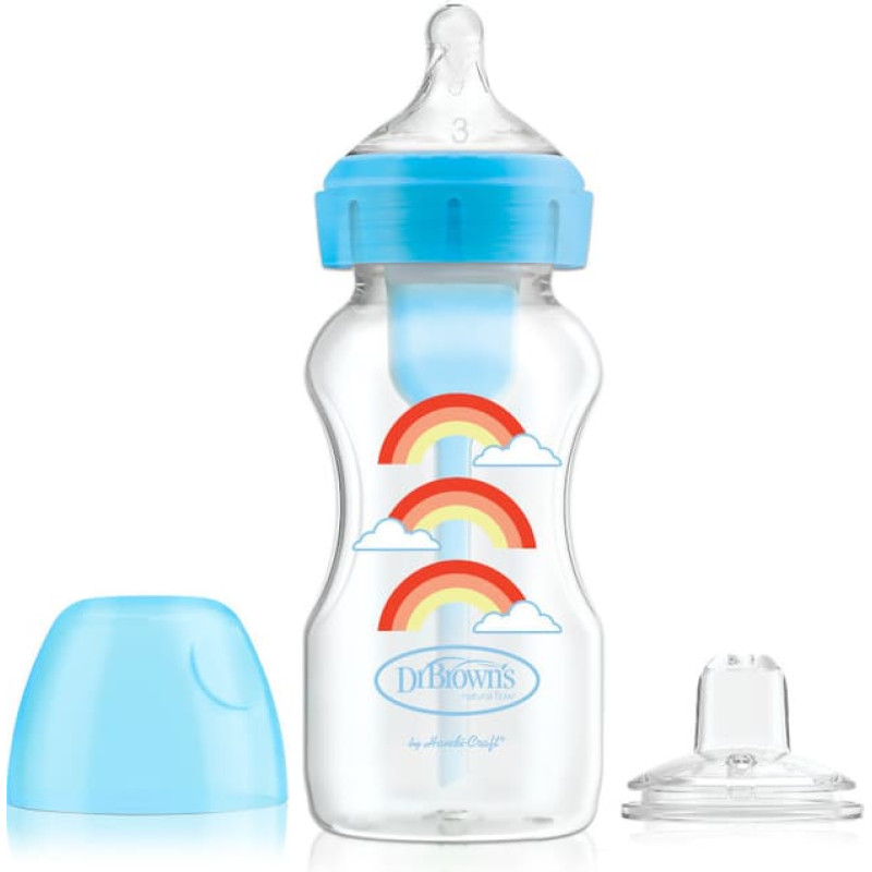 Dr.browns WB91605  9 oz/270 ml PP Wide-Neck Options+ Blue Rainbows Bottle w/ Sippy Spout (+L3 Nipple in Bottle), 1-Pack