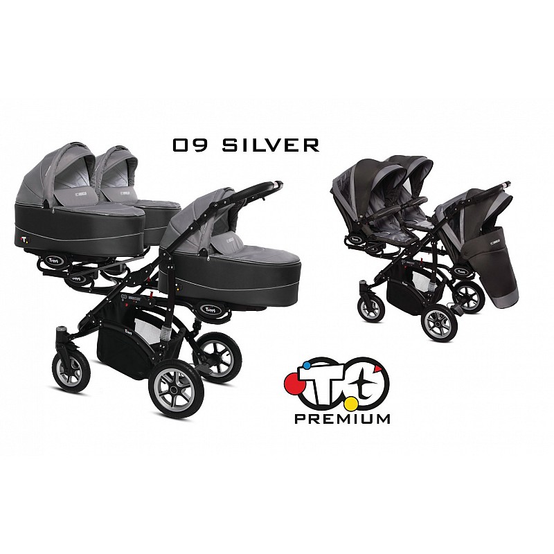 BABYACTIVE TRIPPY Premium stroller for triplets 2in1, 09 SILVER with black frame