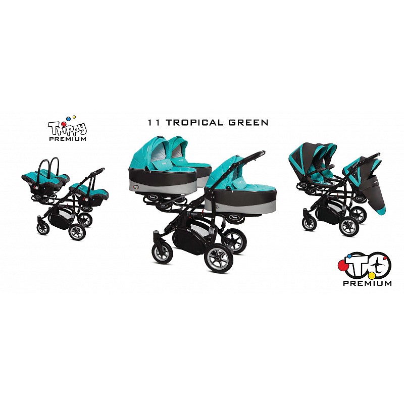 BABYACTIVE TRIPPY Premium Stroller for triplets 3in1 11 TROPICAL GREEN with black frame