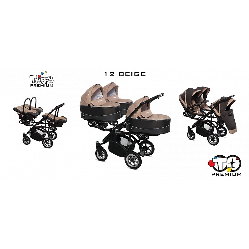 BABYACTIVE TRIPPY Premium Stroller for triplets 3in1 12 BEIGE with black frame