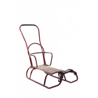 Metal swings for children with a backrest, handle and rope, red.
