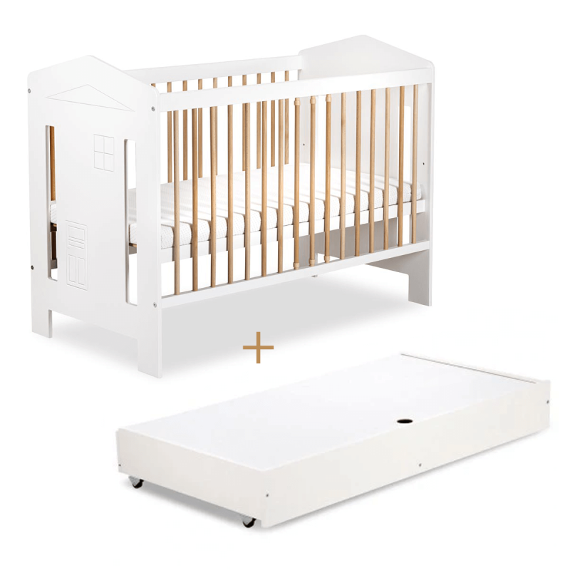 Klups LittleSky IDA Lova su stalčiumi 120x60 cm, balta/ąžuolas