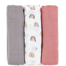 Petite&Mars 415362 bambukinio muslino vystyklų rinkinys, 3 vnt., 68 x 68 cm, Rose Rainbows