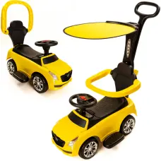 Geltonas stumiamas automobilis su stogeliu, šviesomis ir garsais